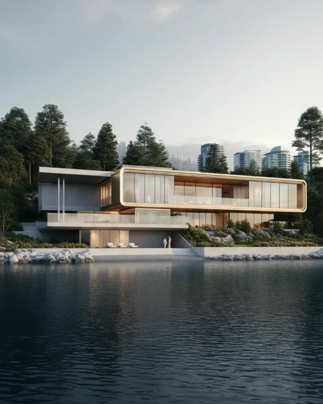 Modern waterfront architectural visualization with realistic lighting